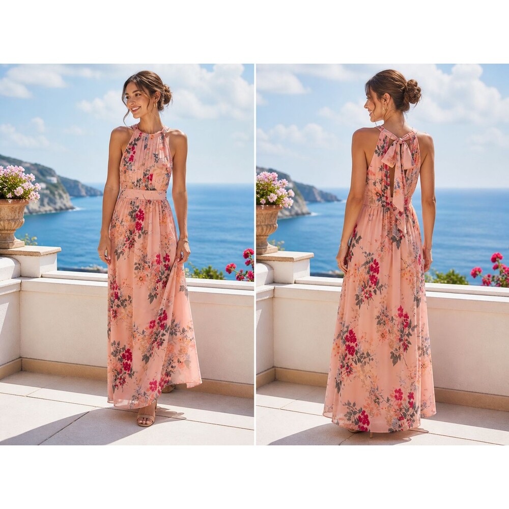 INC International Concepts Pink Floral Maxi Dress Sleeveless Back Bow Sz 2 NWT
